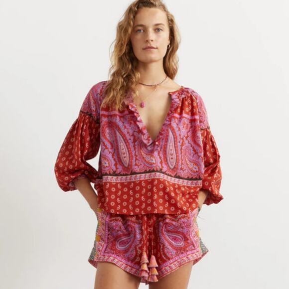 Boteh Kaleido Ruby Red Ruffle Smock Linen Cotton Peasant Blouse 1 S $235 - Picture 1 of 11